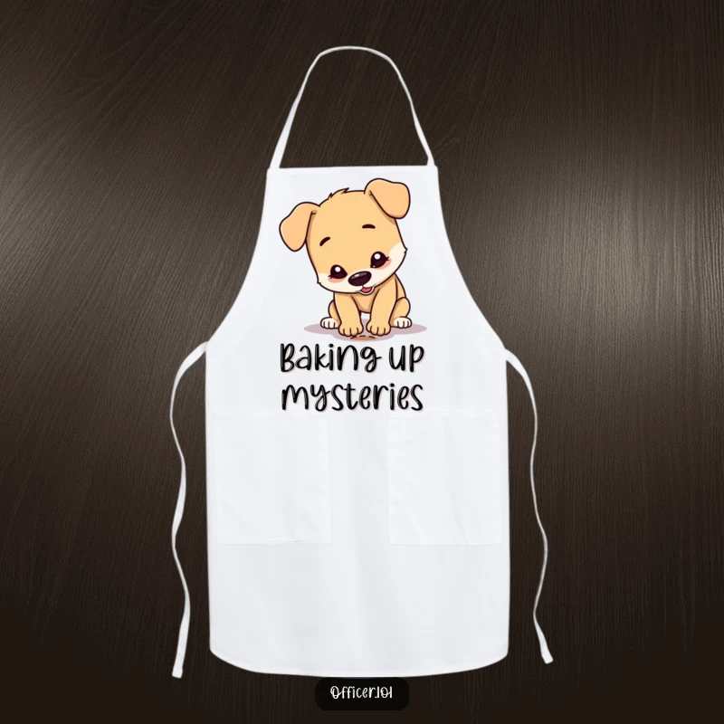 Funny Dog Apron: A happy dog character in a detective pose focuses intently on a small footprint, ideal for kitchen humor.