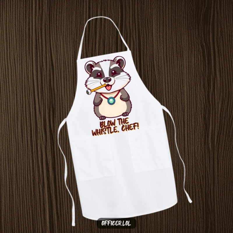 Funny apron with a cheerful badger in a badge, blowing a whistle with a happy puff, ready for kitchen duty.