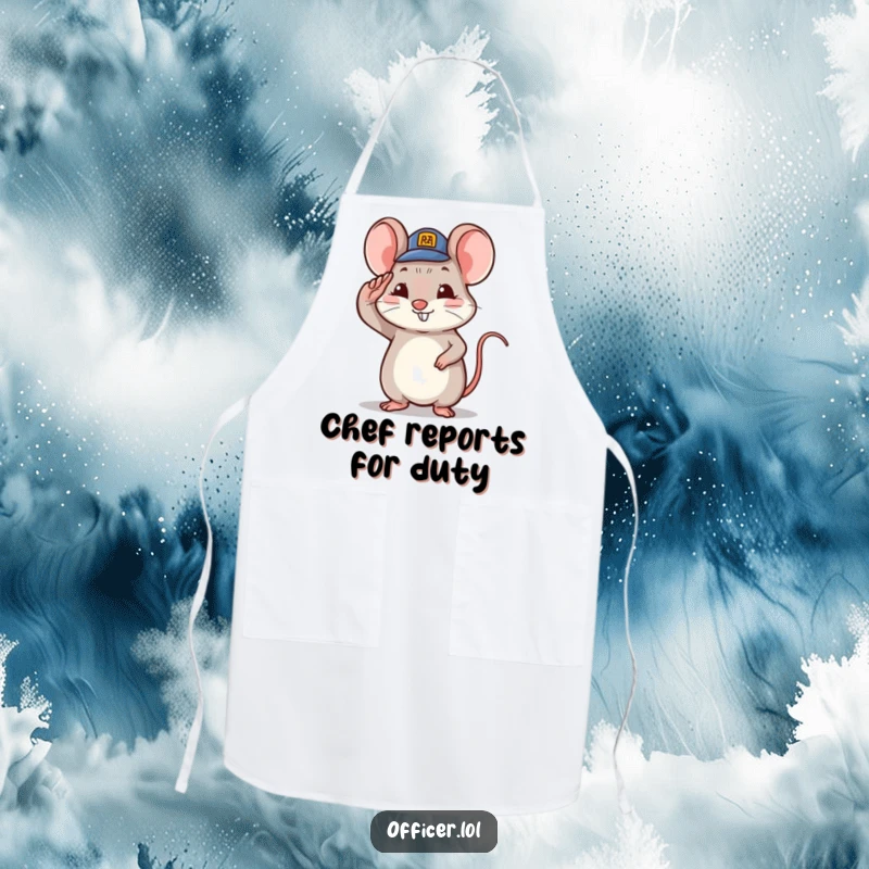 Funny tiny mouse character saluting with a tiny hat and proud smile, kitchen charm.