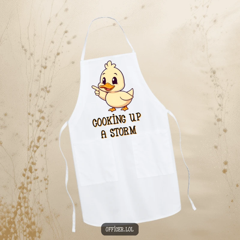 Funny duck apron, a happy duck pointing forward decisively with a wink, guiding culinary adventures with humor.