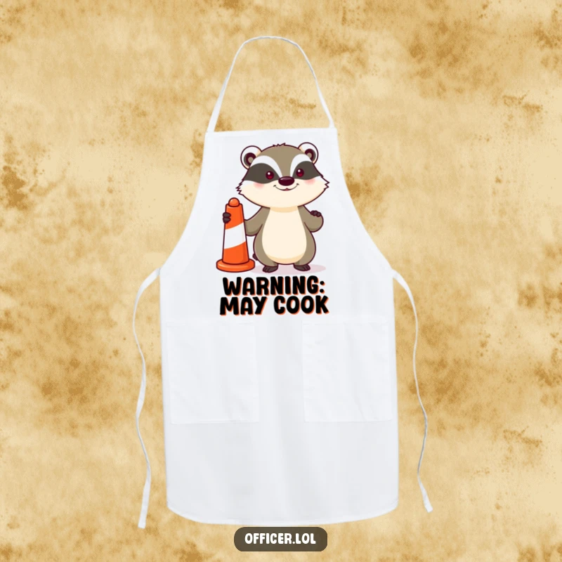 Funny apron showing a determined badger holding a striped traffic cone, ready for kitchen duty with a humorous and proud expression.