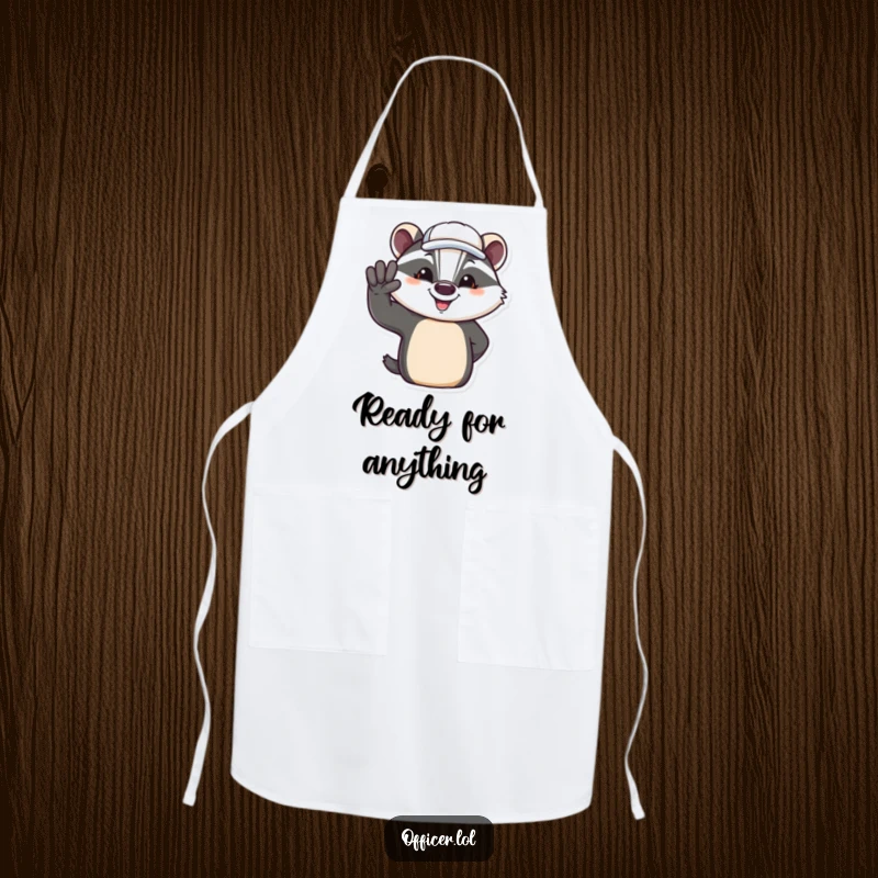 Funny apron showing a jovial badger in a cap giving a salute, ready for culinary adventures.