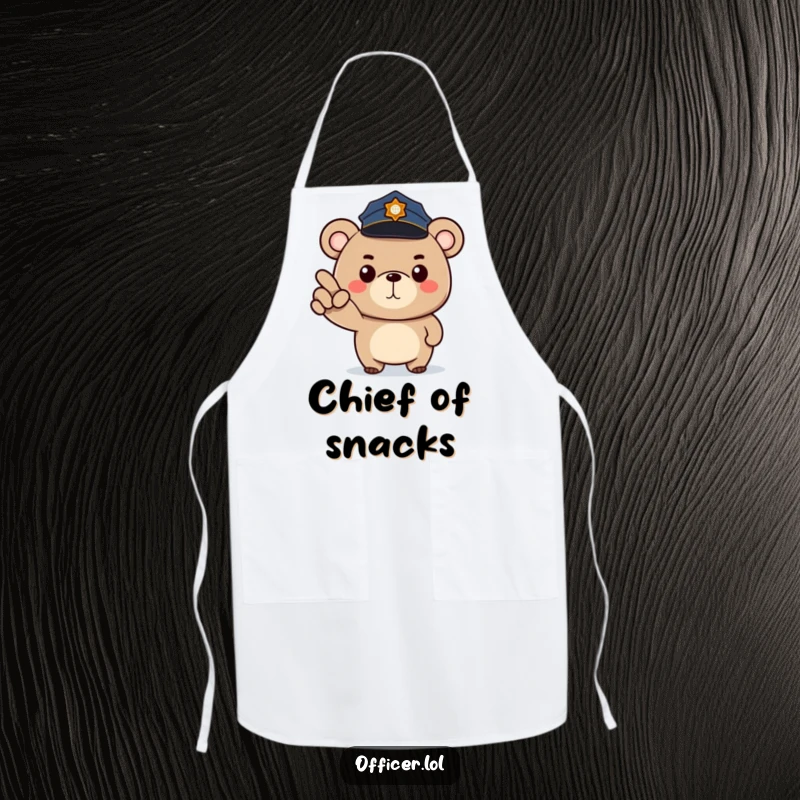 Funny apron featuring a determined cartoon bear police officer pointing forward with a stern smile, ready for kitchen duty.