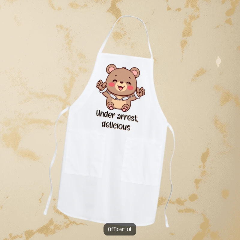 Funny apron featuring a cheerful bear in miniature handcuffs, smiling and waving, ready for kitchen antics.