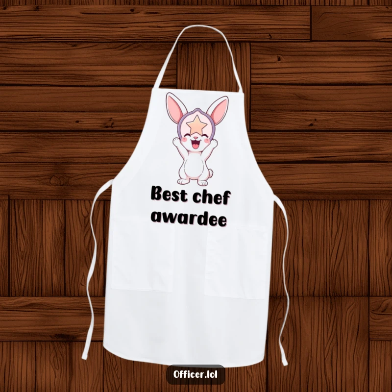 Funny apron showcasing a playful bunny holding a large, shiny badge aloft, adding a splash of culinary pride and humor.