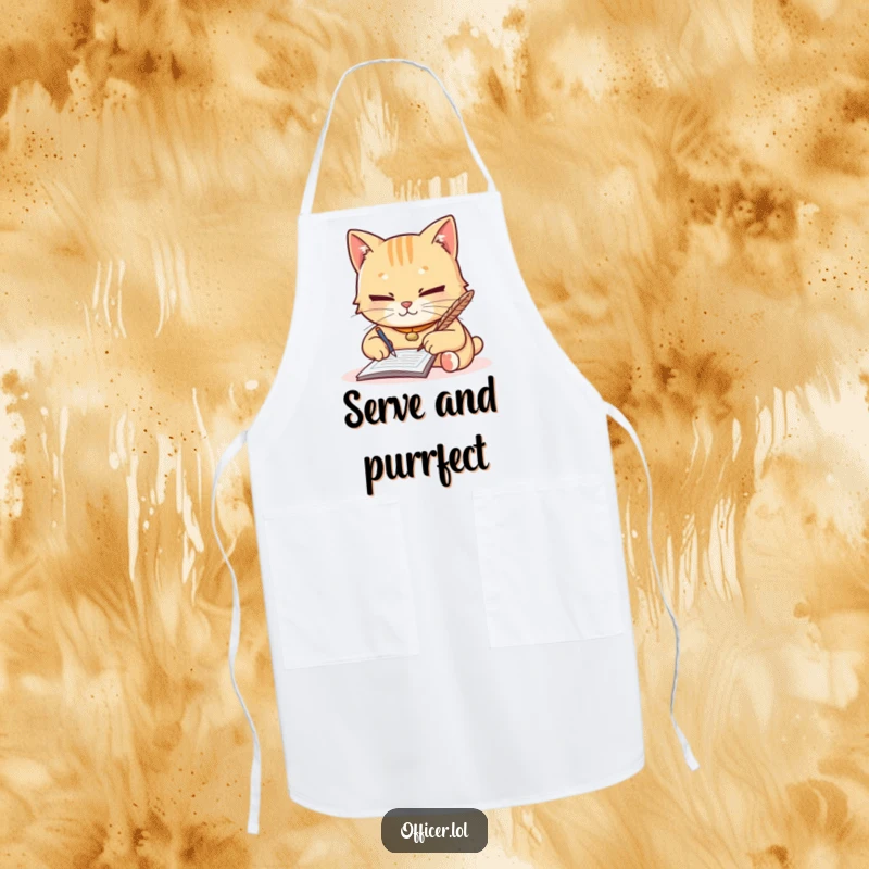 Funny apron showing a diligent cat writing a ticket with a quill, a humorous and practical accessory for any cook.