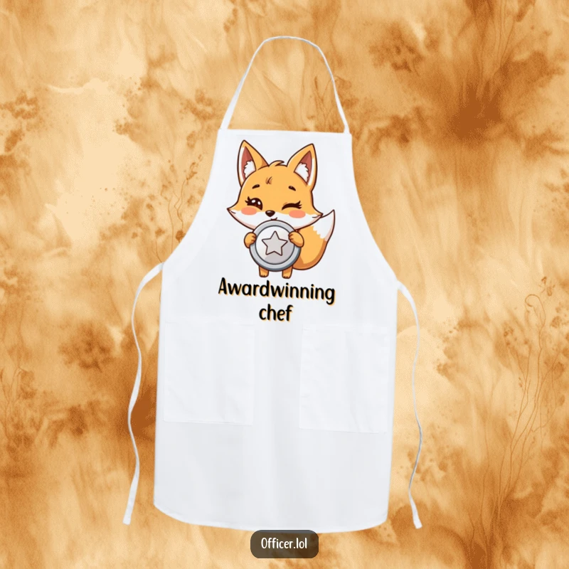 Funny apron featuring a giggling cartoon fox holding a shiny badge with pride and a wink, ready for kitchen investigations.
