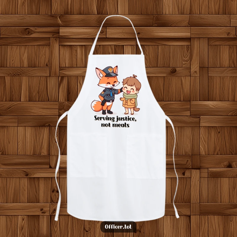 Funny Fox Officer Apron featuring a charming fox in uniform giving a supportive pat to a small citizen, perfect for kitchen fun and protection.