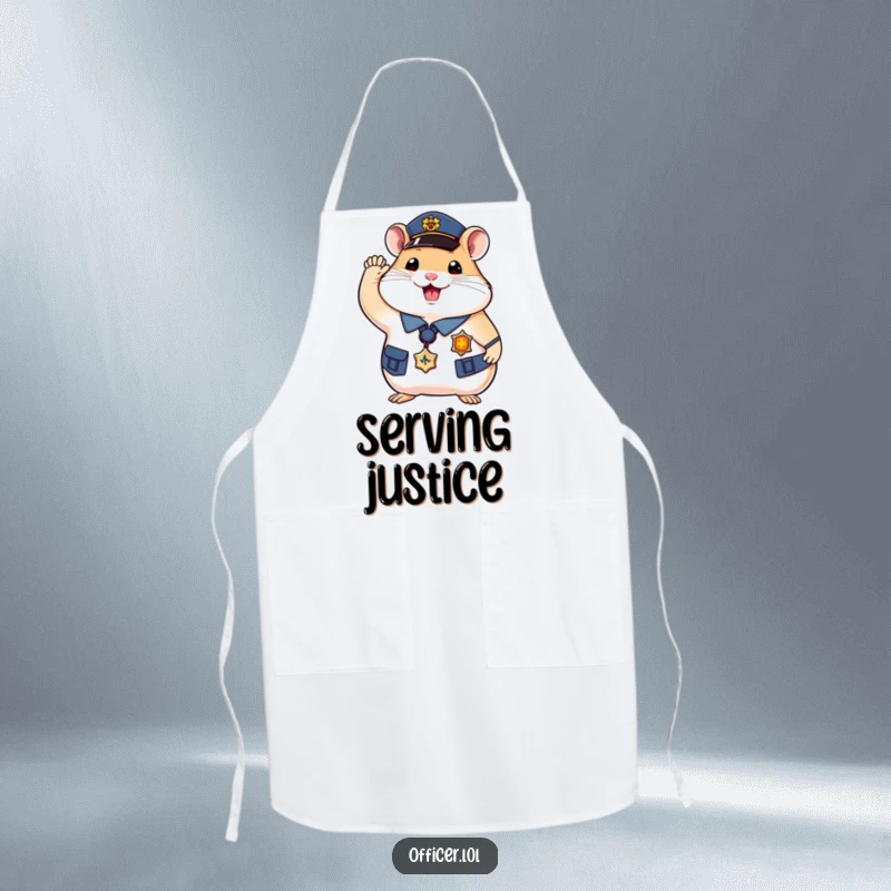 Funny hamster officer apron, cute kitchen wear featuring a saluting hamster, perfect for chefs.