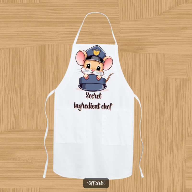 Funny Apron: Curious mouse peeks from behind a police hat, perfect for kitchen fun and protection.