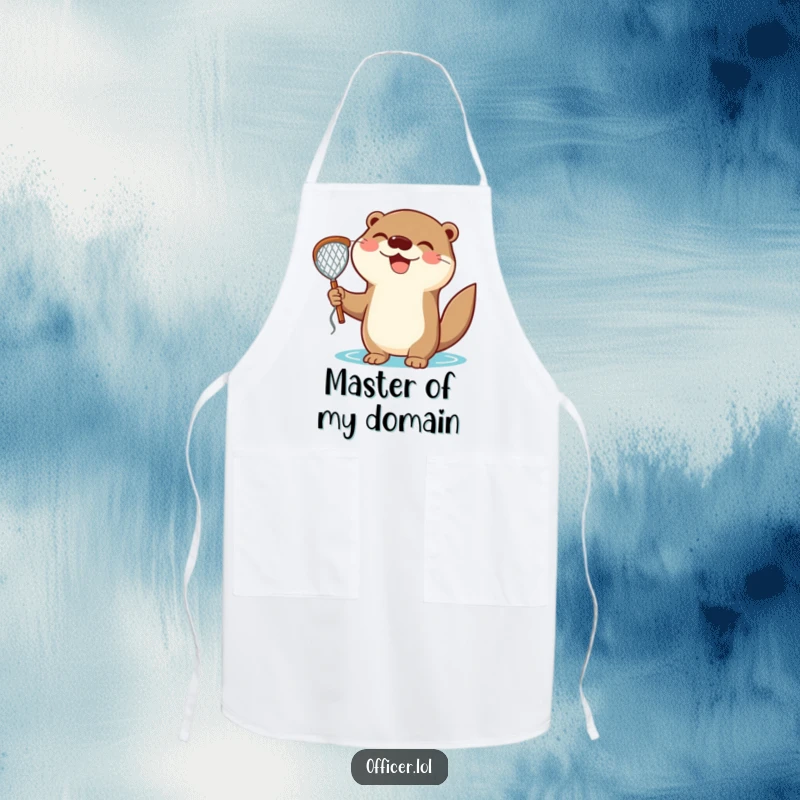 Funny Apron: Delighted otter holds a net with a triumphant expression, perfect for kitchen fun and protection.