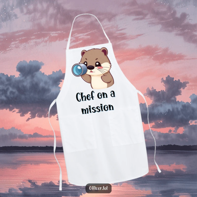 Funny apron featuring a cute otter character peering through a spyglass with a focused but joyful gaze.