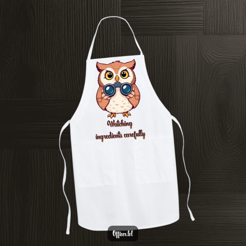 Funny owl apron, alert chef's accessory featuring a curious owl with binoculars, perfect for kitchen humor.