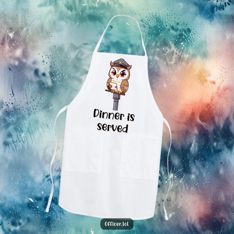 Funny owl officer apron, kitchen wear with a winking owl on a lamppost, great for chefs.