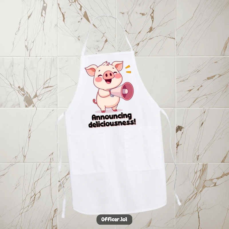 Funny apron showing a smiling pig holding a megaphone, ready to make a loud announcement in the kitchen.