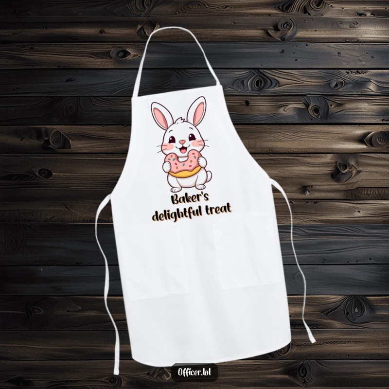 Funny apron showing a rabbit joyfully holding a donut, its satisfied eyes promising delicious and humorous culinary creations.