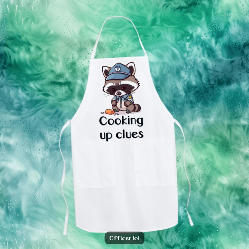 Funny raccoon officer apron, kitchen wear with a curious raccoon, great for chefs.