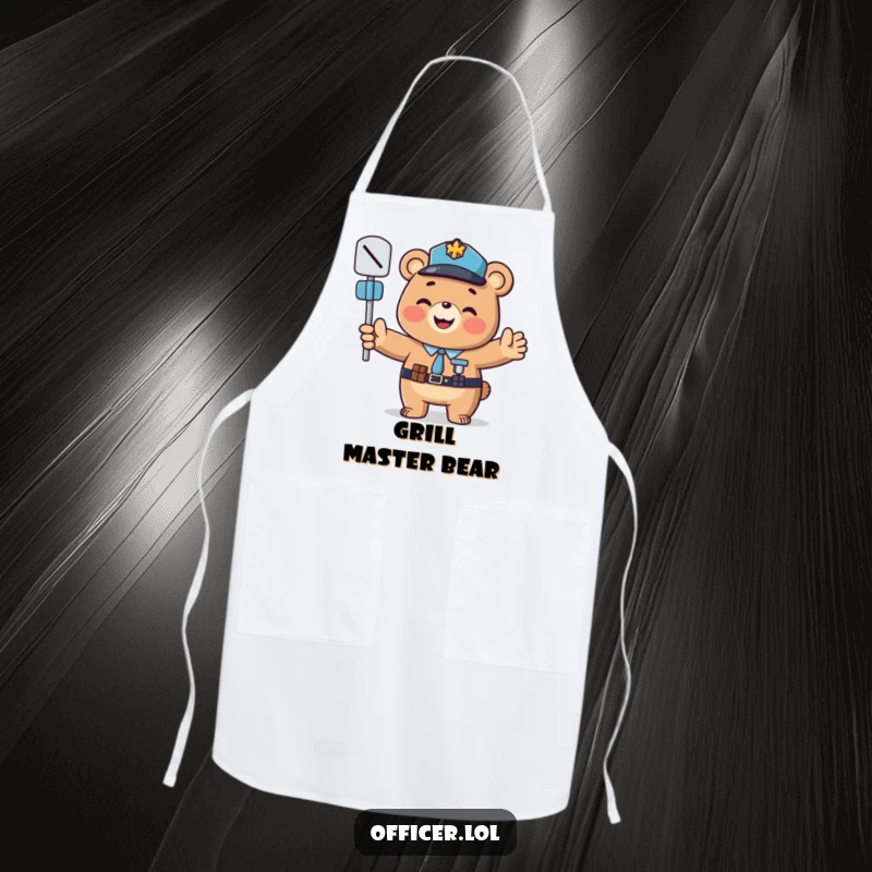 Funny apron: A smiling bear officer directing traffic, a cheerful and funny gift.