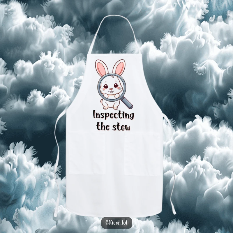 Funny apron showing a shy rabbit peeking from behind a large magnifying glass, perfect for kitchen duty with a humorous and curious inspection.