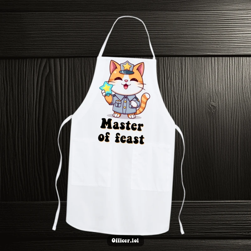 Funny apron showcasing a happy cat in uniform holding a shiny, glowing badge, ideal for kitchen pride.