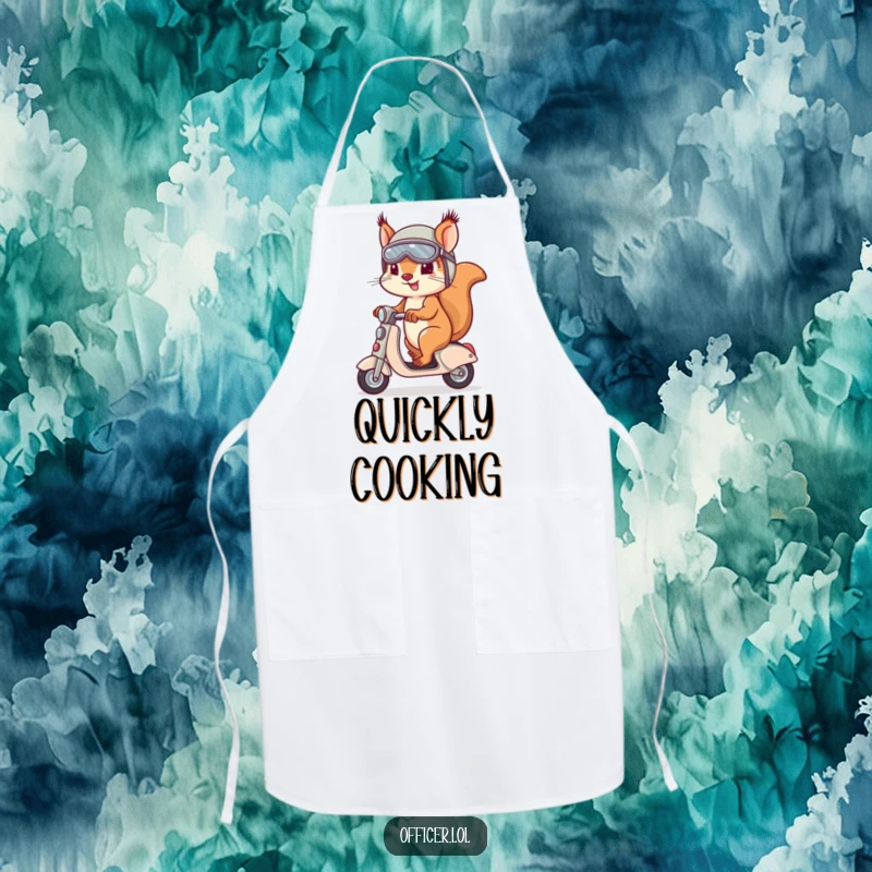 Determined squirrel wearing a helmet and goggles, riding a tiny scooter, featured on an apron for adventurous cooks.