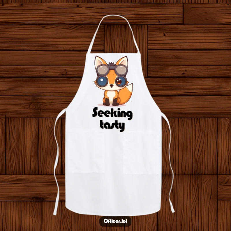 Curious fox peering through binoculars, featured on an apron for observant cooks who enjoy exploring culinary details.