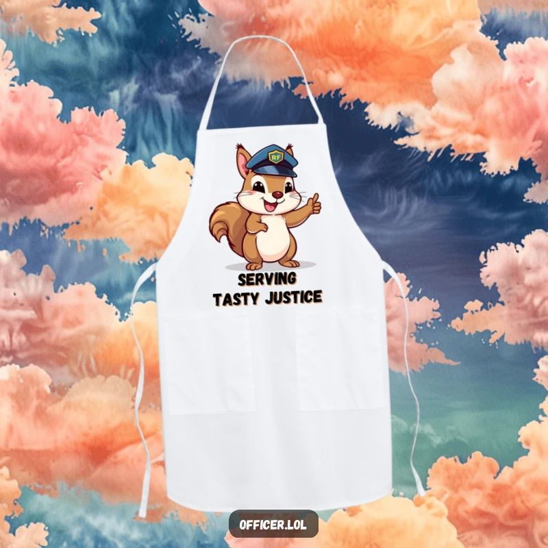 Happy squirrel wearing a police hat, enthusiastically directing traffic, a whimsical apron for organized chefs.