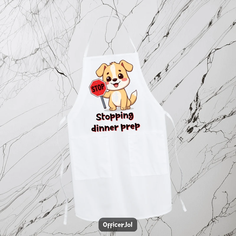 Funny stop sign dog apron featuring a smiling cartoon dog holding a stop sign, ready to oversee kitchen duties humorously.