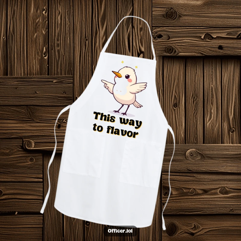 Funny apron showing a twinkling starling making a clear directive pointing gesture, ready for kitchen tasks.