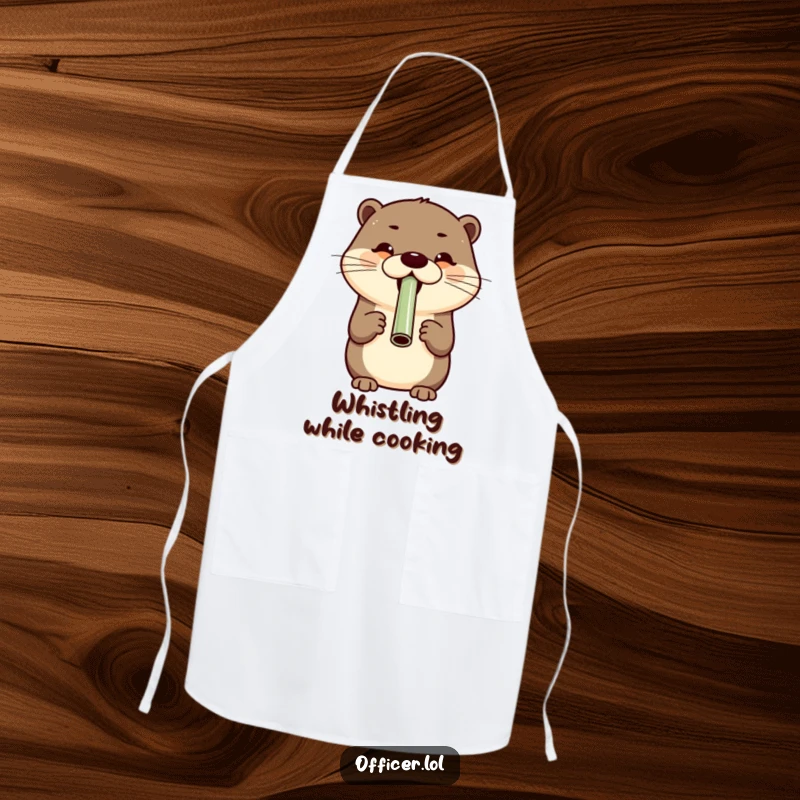 Cheerful otter blowing a whistle with a wide grin, a whimsical apron for cheerful chefs.