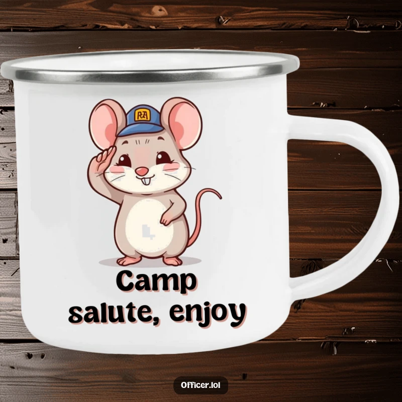 Funny tiny mouse character saluting with a tiny hat and proud smile, durable outdoor mug.