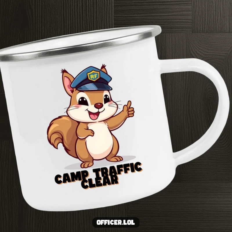 Happy squirrel in a police hat enthusiastically directing traffic, a durable camping mug for organized outdoor fun.