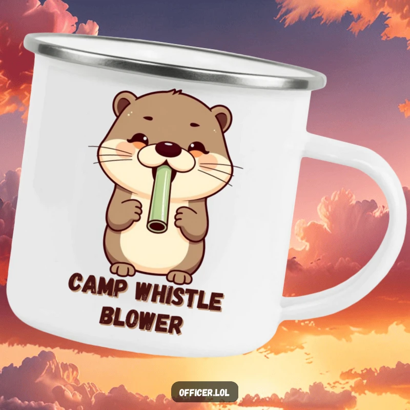 Cheerful otter blowing a whistle with a wide grin, a durable camping mug for cheerful outdoor fun.