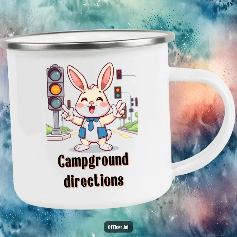 Funny camping mug with a cheerful cartoon bunny directing traffic with energetic paw gestures, for outdoor adventures.