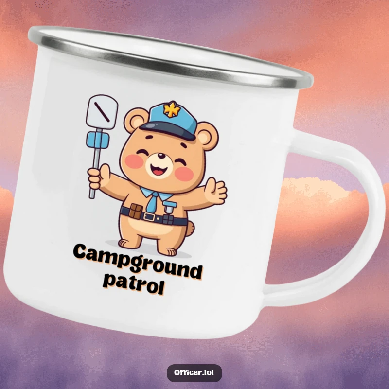 Funny camping mug: A smiling bear officer directing traffic, a funny gift for outdoor fun.