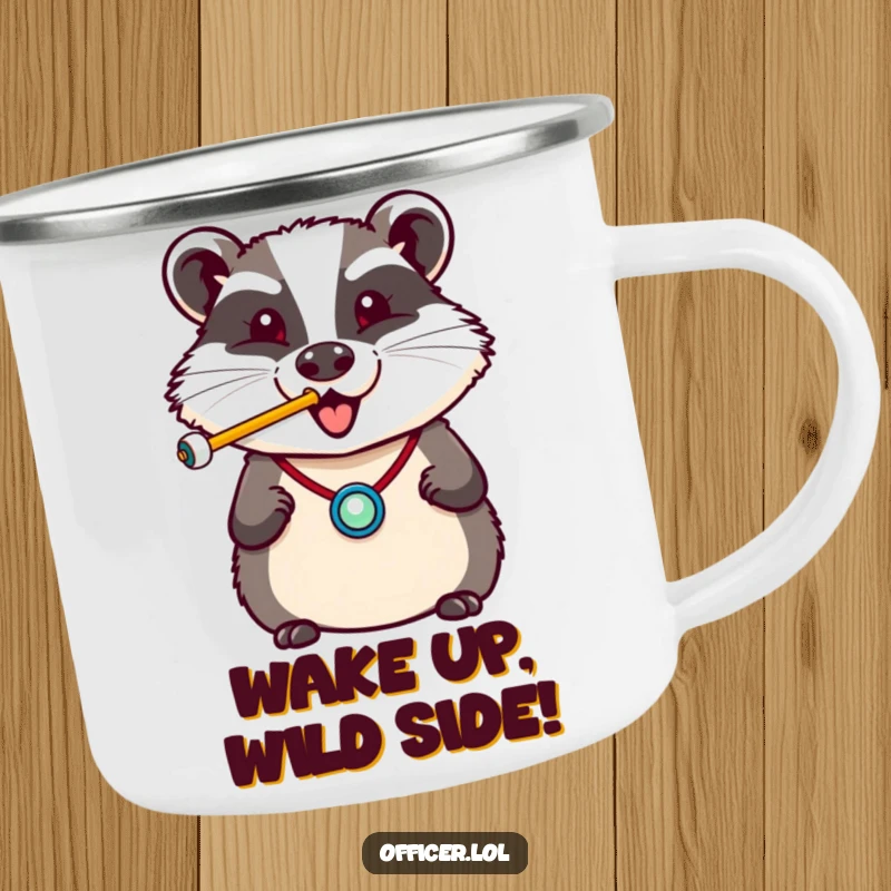 Funny camping mug showing a cheerful badger in a badge, blowing a whistle with a happy puff, ready for the outdoors.