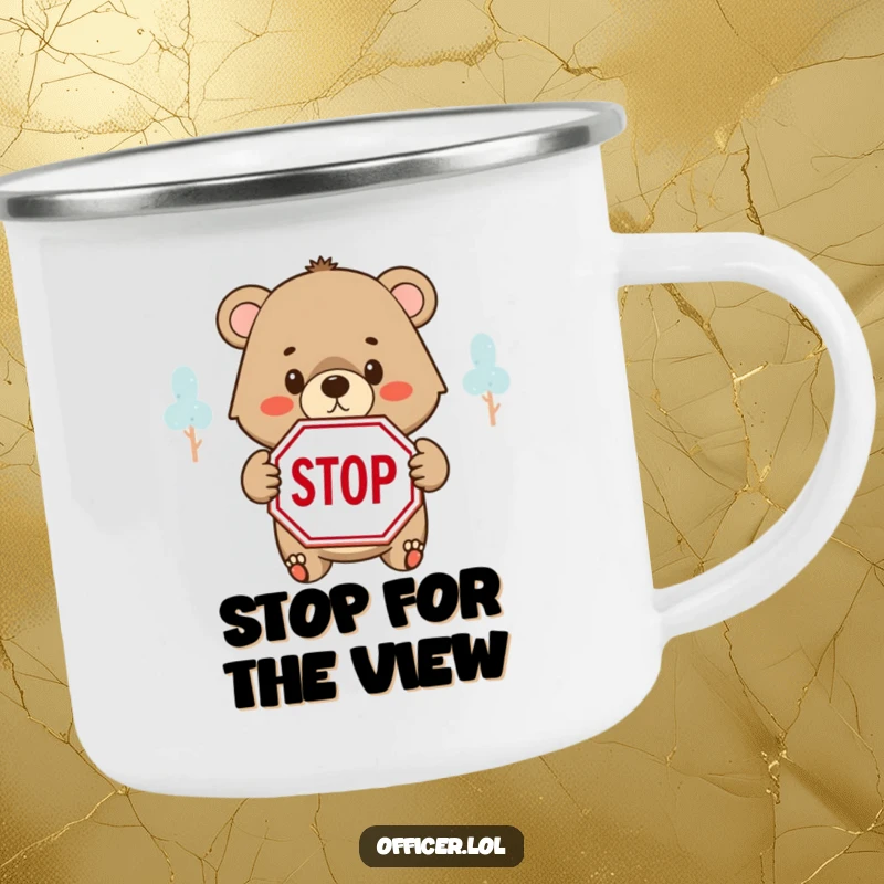 Funny camping mug showing a determined bear cub holding a STOP sign with a kind but firm look, ready for the outdoors.