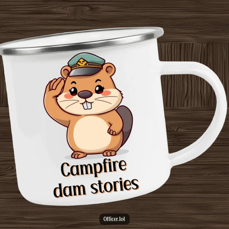 Funny beaver camping mug, a determined beaver in a tiny cap saluting, ready for campfire stories and outdoor adventures.