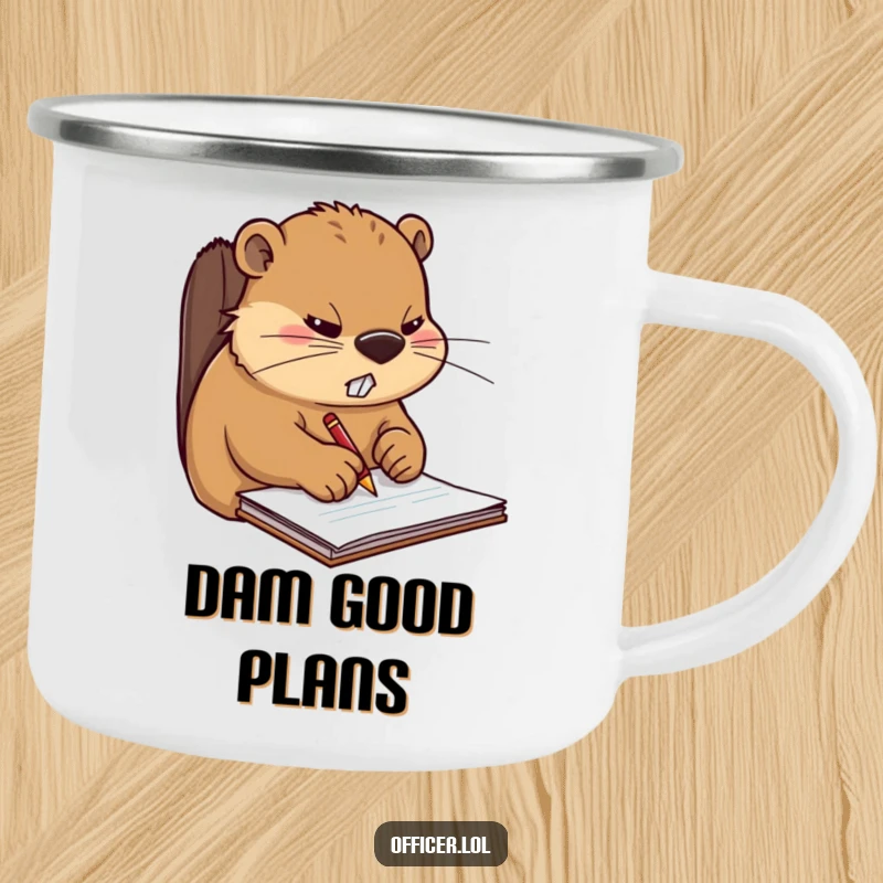 Funny camping mug featuring a stern beaver writing on a notepad, ready for outdoor adventures and inspiring focused thoughts.