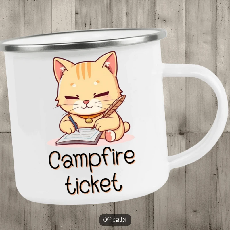 Funny enamel camping mug featuring a diligent cat writing a ticket with a quill, focused but friendly, ready for outdoor use.