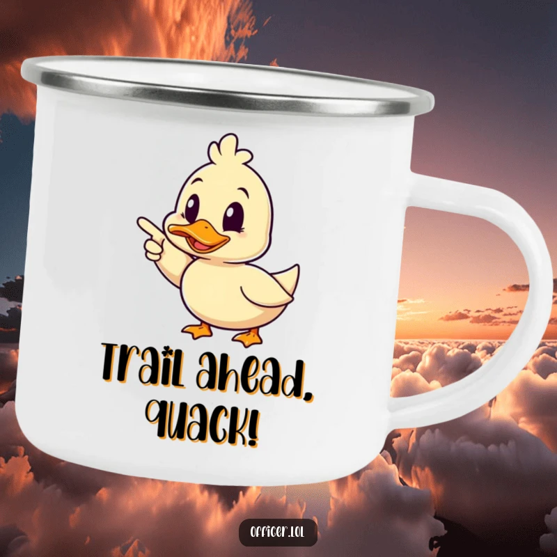 Funny duck camping mug, a happy duck pointing forward with a wink, symbolizing cheerful adventure and humor for outdoor trips.