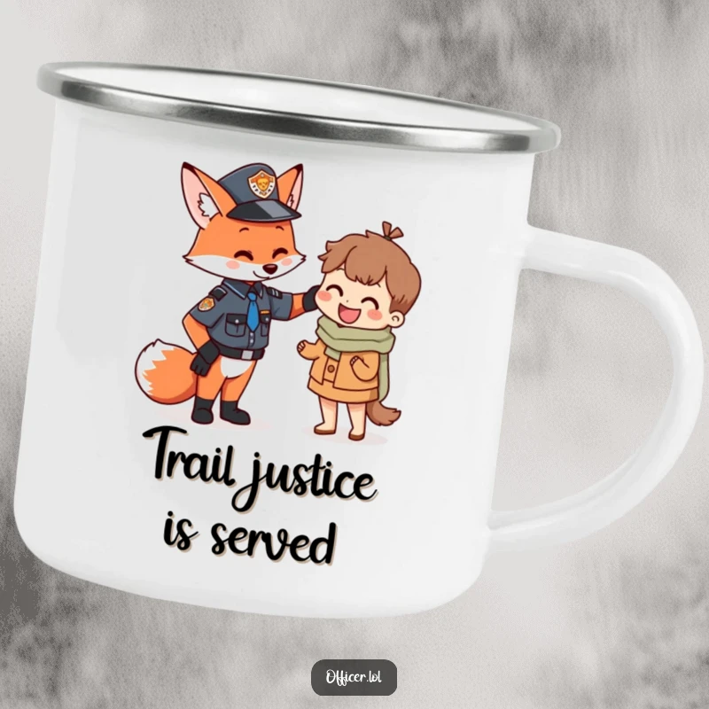 Funny Fox Officer Camping Mug showing a kind fox officer patting a small citizen, perfect for enjoying beverages during outdoor adventures with a smile.