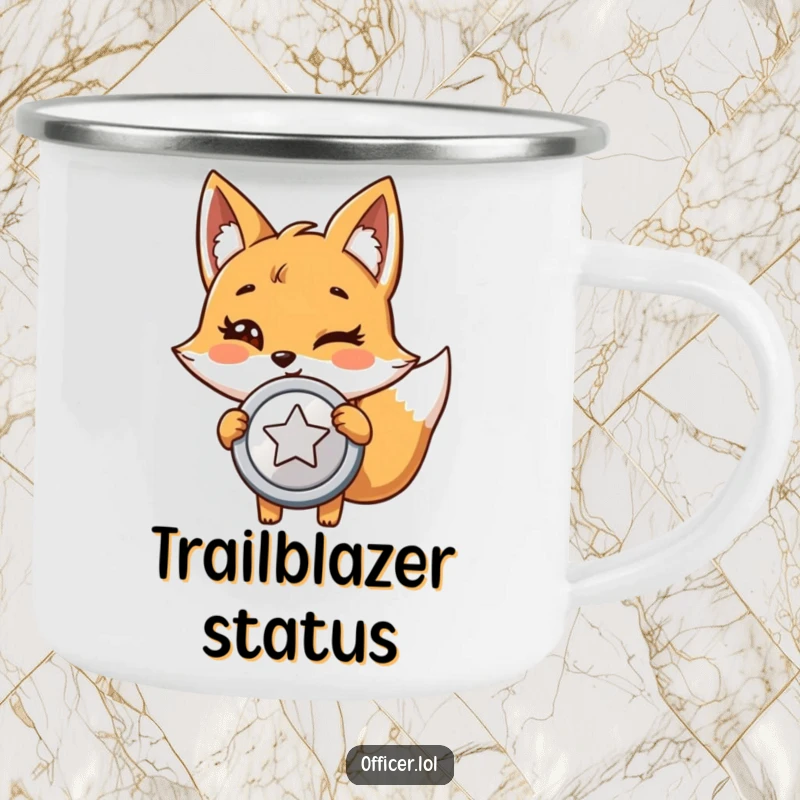 Funny camping mug with a giggling cartoon fox holding a shiny badge with pride and a wink, celebrating outdoor success.