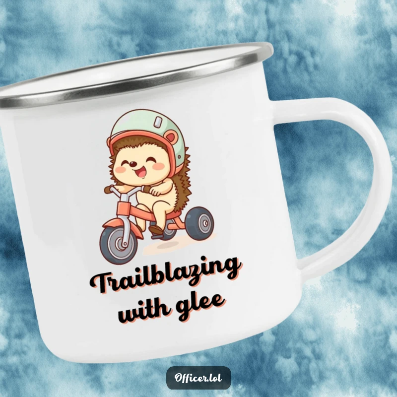 Funny camping mug featuring a giggling hedgehog in a helmet riding a tricycle, ready for outdoor fun and inspiring happy moments.