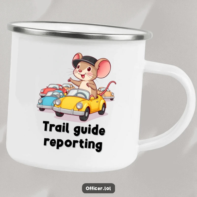 Funny camping mug with a determined mouse in a hat directing tiny cars, great for road trip focus.