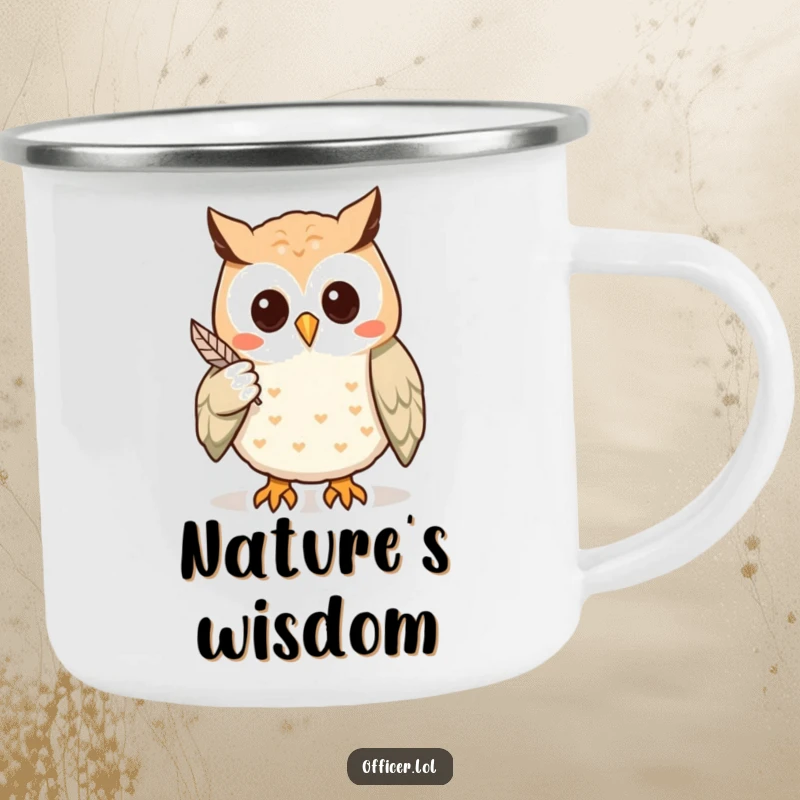 Funny camping mug featuring a wise owl pointing with a feather to a clue, ready for outdoor exploration and inspiring thoughtful moments.