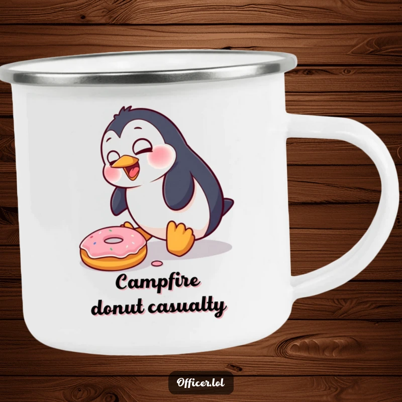 Funny Penguin Camping Mug: A goofy penguin trips over a donut during an outdoor adventure, bringing humor to your camping trips.