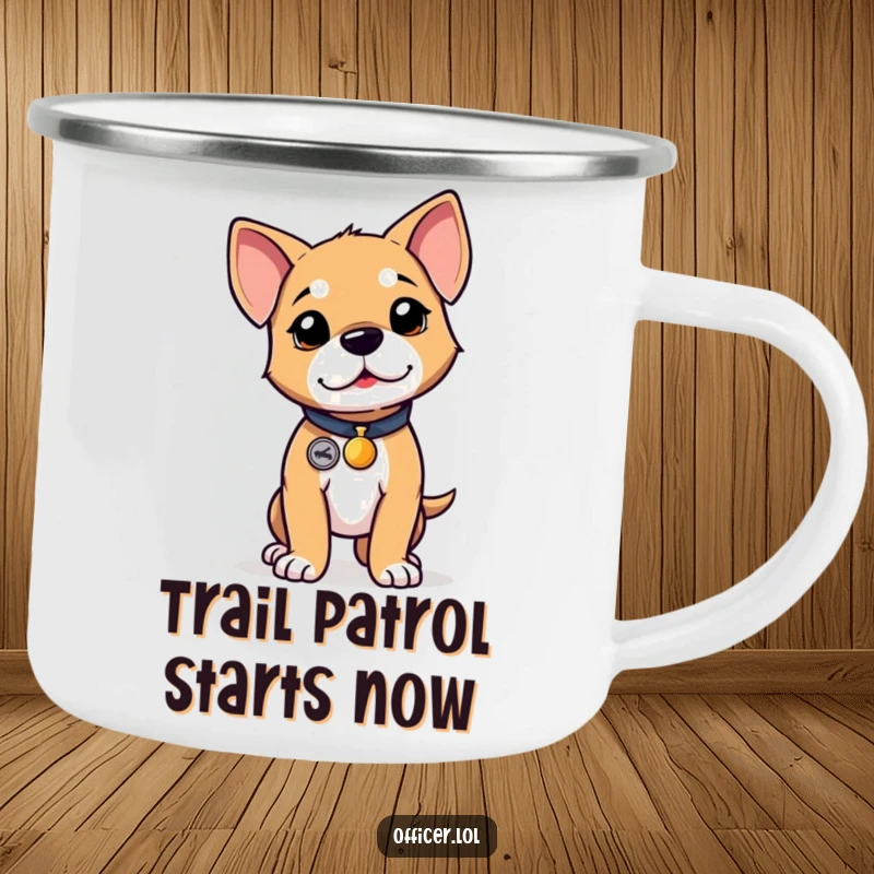 Funny puppy camping mug, durable cup with a determined puppy standing tall with a tiny badge, proud stance.