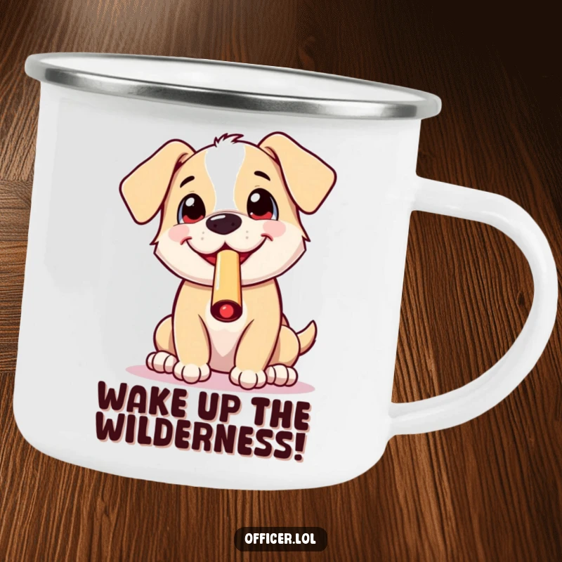 Funny camping mug featuring a cheerful puppy blowing a whistle with an excited grin, perfect for outdoor brews and humorous moments.