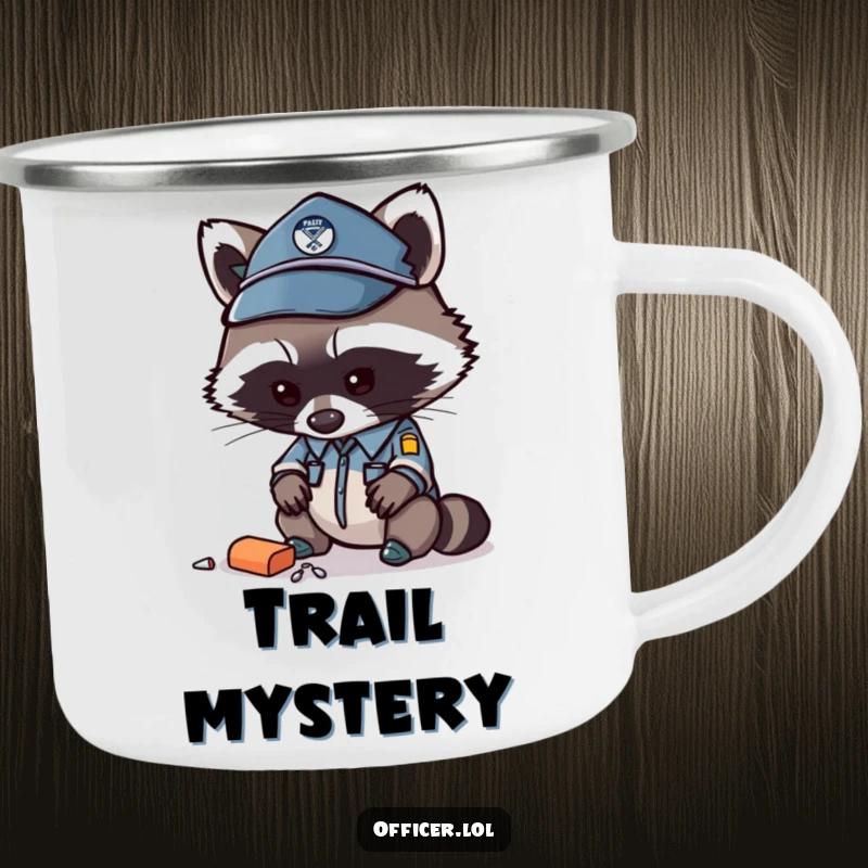 Funny raccoon officer camping mug, durable enamel with a curious raccoon, ideal for campers.